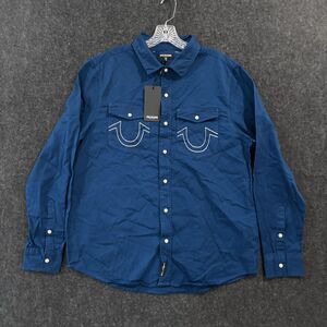 True Religion Shirt Men's Medium Blue Horseshoe Embroidered Pearl Snap Western